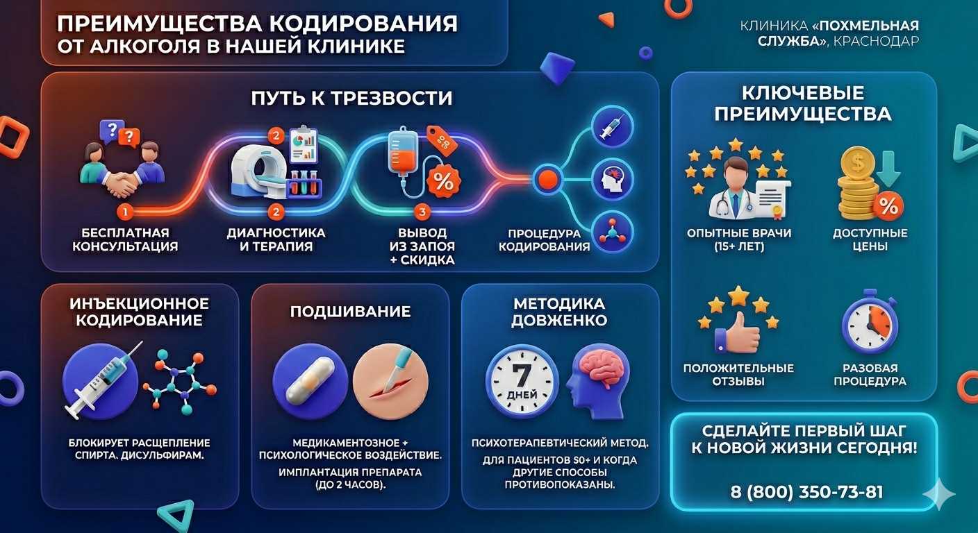 Инфографика о методах кодирования от алкоголя в Свердлово: инъекции, подшивание, метод Довженко. Преимущества клиники и этапы лечения.