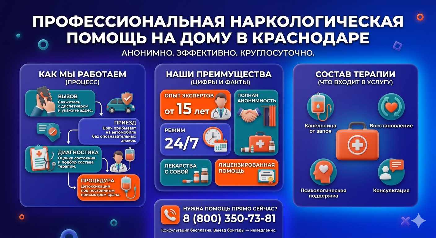 Инфографика о принципах лечения алкоголизма на дому в Свердлово: этапы вызова нарколога, преимущества анонимной детоксикации и состав медицинской помощи.